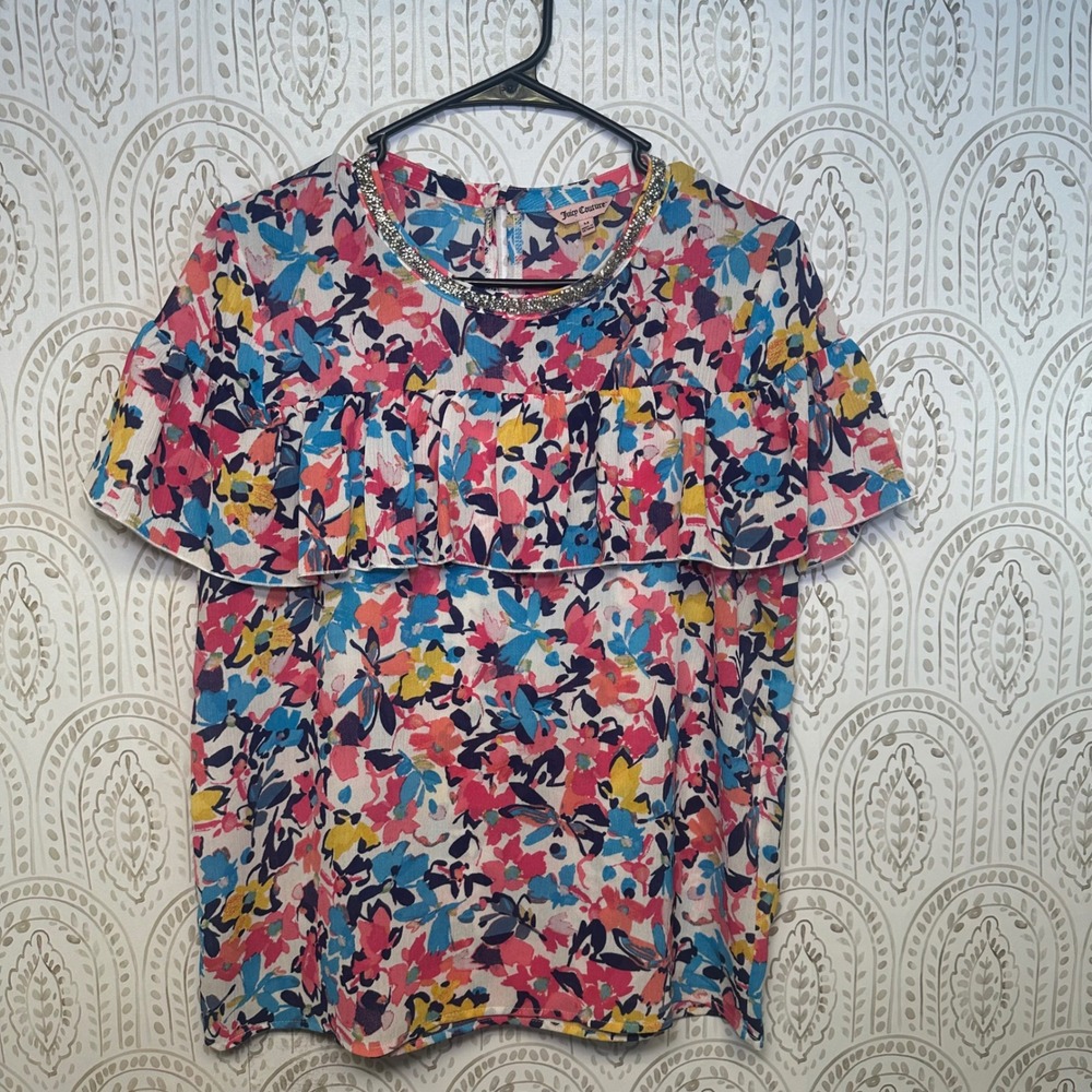 Juicy Couture Floral Blouse Women Size‎ M Ruffle Neck Beaded Collar